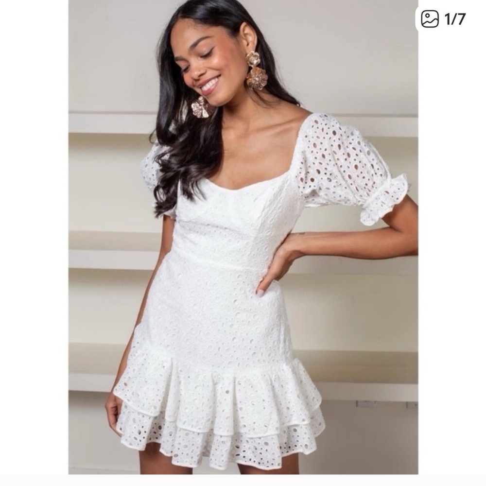 ASTR The Label Roseville White Eyelet Puff Sleeve Mini Dress Wedding